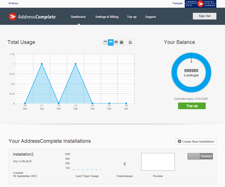 AddressComplete Dashboard