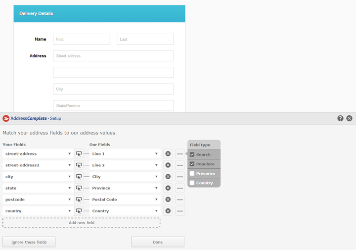 AddressComplete Field Mapping