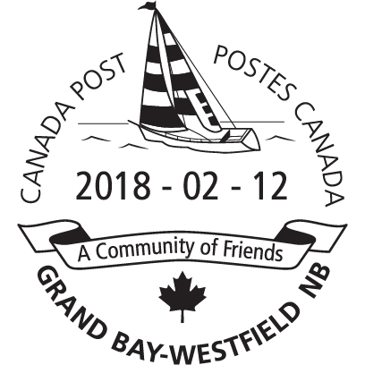 Boat sailing on water, local motto banner A Community of Friends with maple leaf, February 12, 2018.