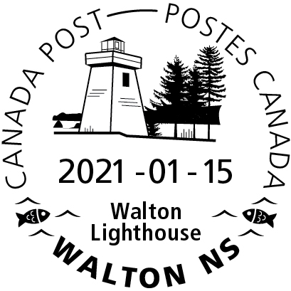 Walton Lighthouse with trees in the background, two fish and waves, January 15, 2021.