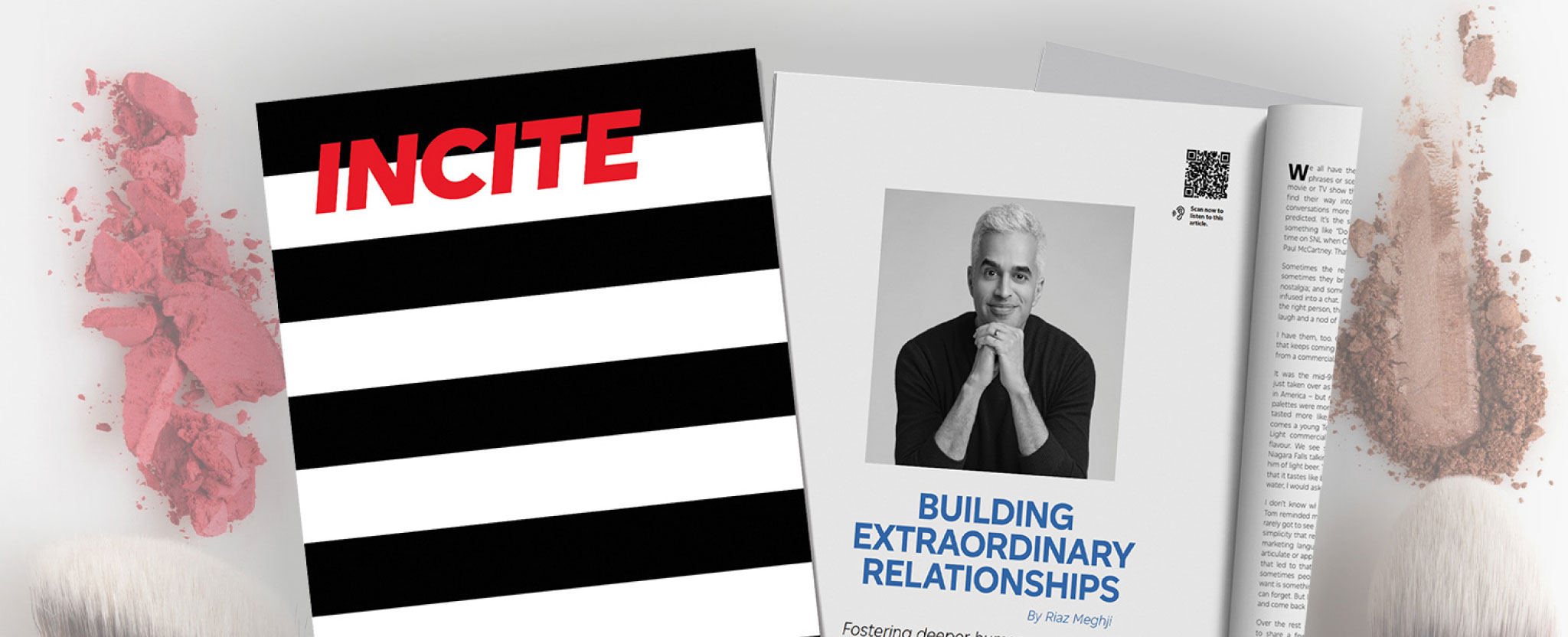 The cover of the “Year Ahead” issue of “Incite” magazine and an interior page open to the “Building extraordinary relationships” article by Riaz Meghji.