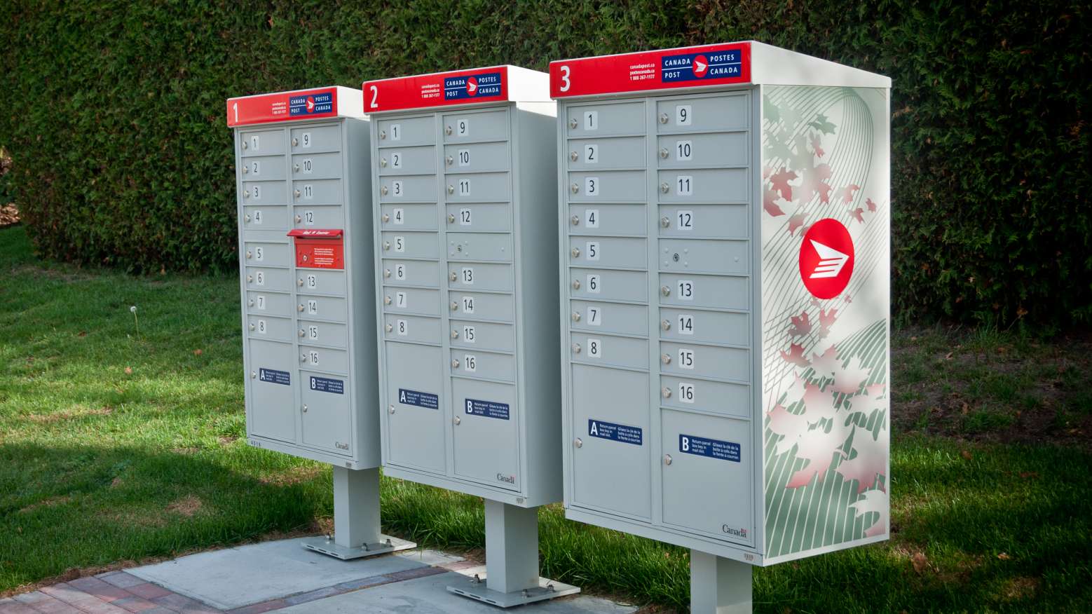 A row of sidewalk-accessible Canada Post community mailboxes in a residential neighbourhood