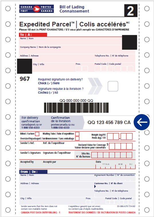 Exemple de connaissement – Colis accélérés.