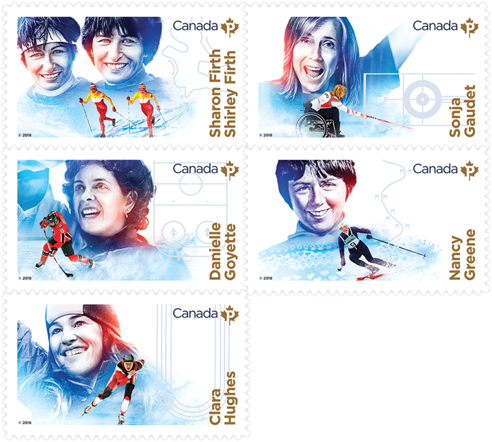 Timbres de Postes Canada honorant Sharon et Shirley Firth, Sonja Gaudet, Danielle Goyette, Nancy Greene et Clara Hughes.